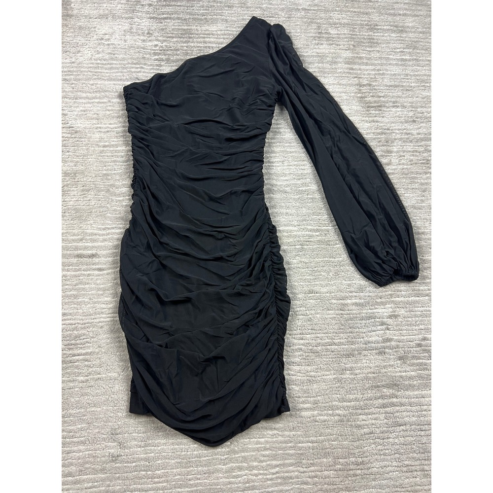Unbranded Ruched Bodycon Dress Women S Black One Shoulder Puff Sleeve Mini Party
